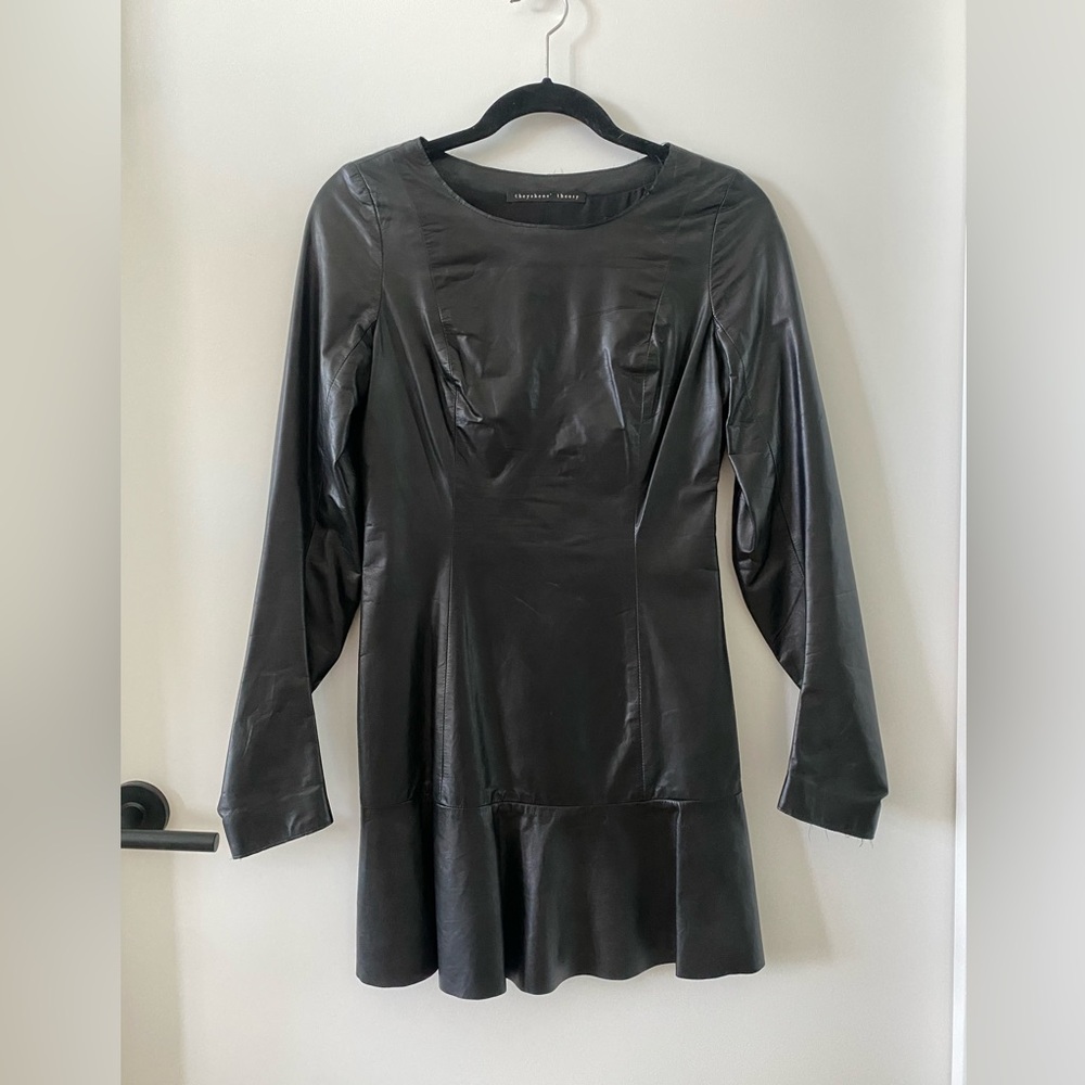 *RARE SAMPLE* Theyskens' Theory Black Long Sleeve LEATHER Dress, XS Small no tag
